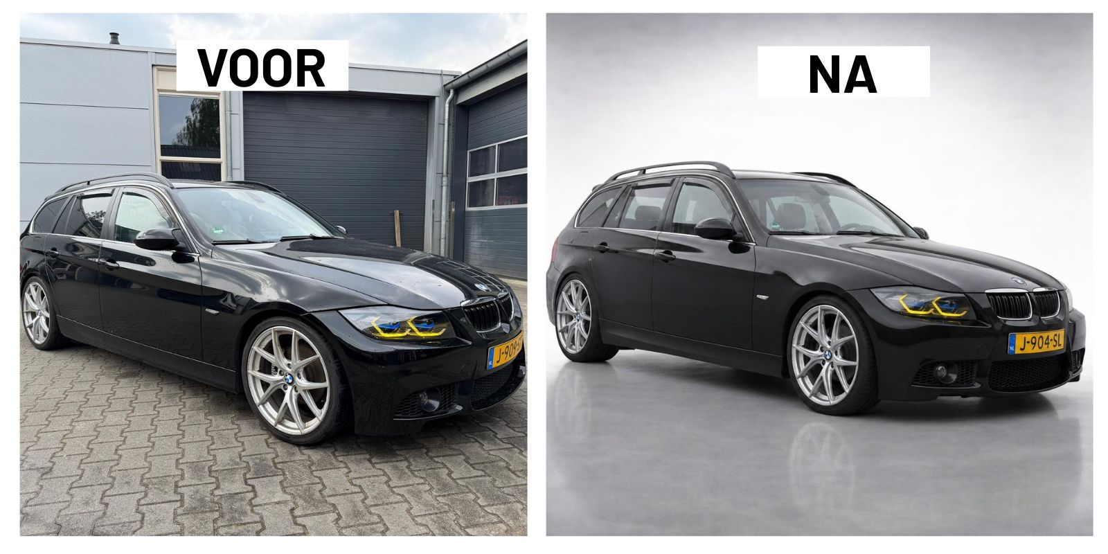 Voor en na: zwarte BMW 3-serie Touring met M-pakket, links op bestraat dealer-terrein voor een bedrijfspand, rechts op lichtgrijze studio-achtergrond. AI heeft alleen de achtergrond vervangen - auto, M-velgen, kenteken J-904-SL en alle carrosseriedetails zijn ongewijzigd.