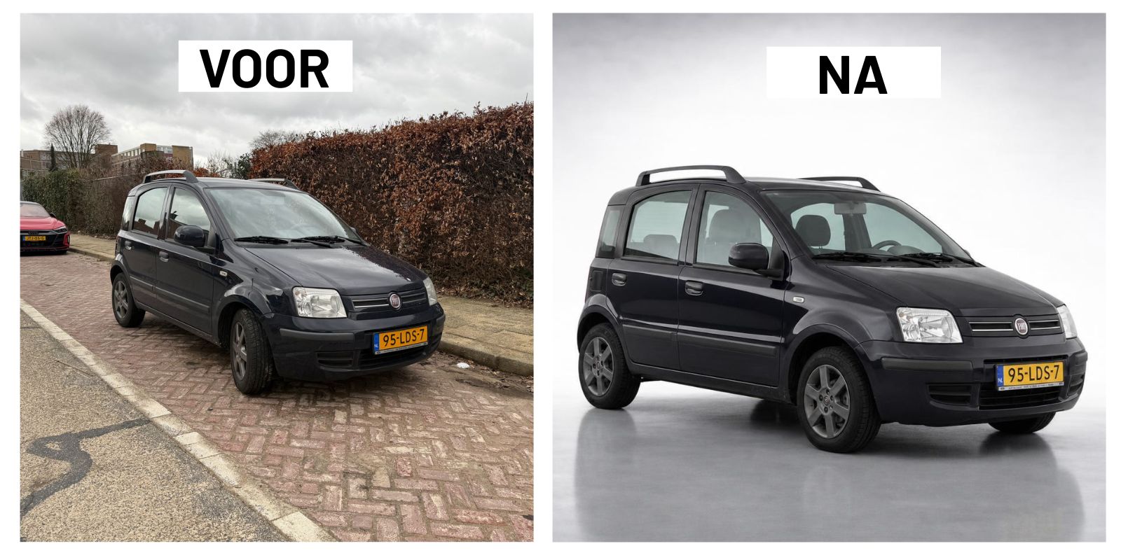 Voor en na: donkerblauwe Fiat Panda hatchback, links geparkeerd op een straatklinker-stoep met heg en geparkeerde auto's op de achtergrond, rechts op lichtgrijze studio-achtergrond. AI levert showroom-presentatie voor een budget-occasion zonder de auto zelf te wijzigen - wielen, koplampen en kenteken 95-LDS-7 zijn identiek aan het origineel.