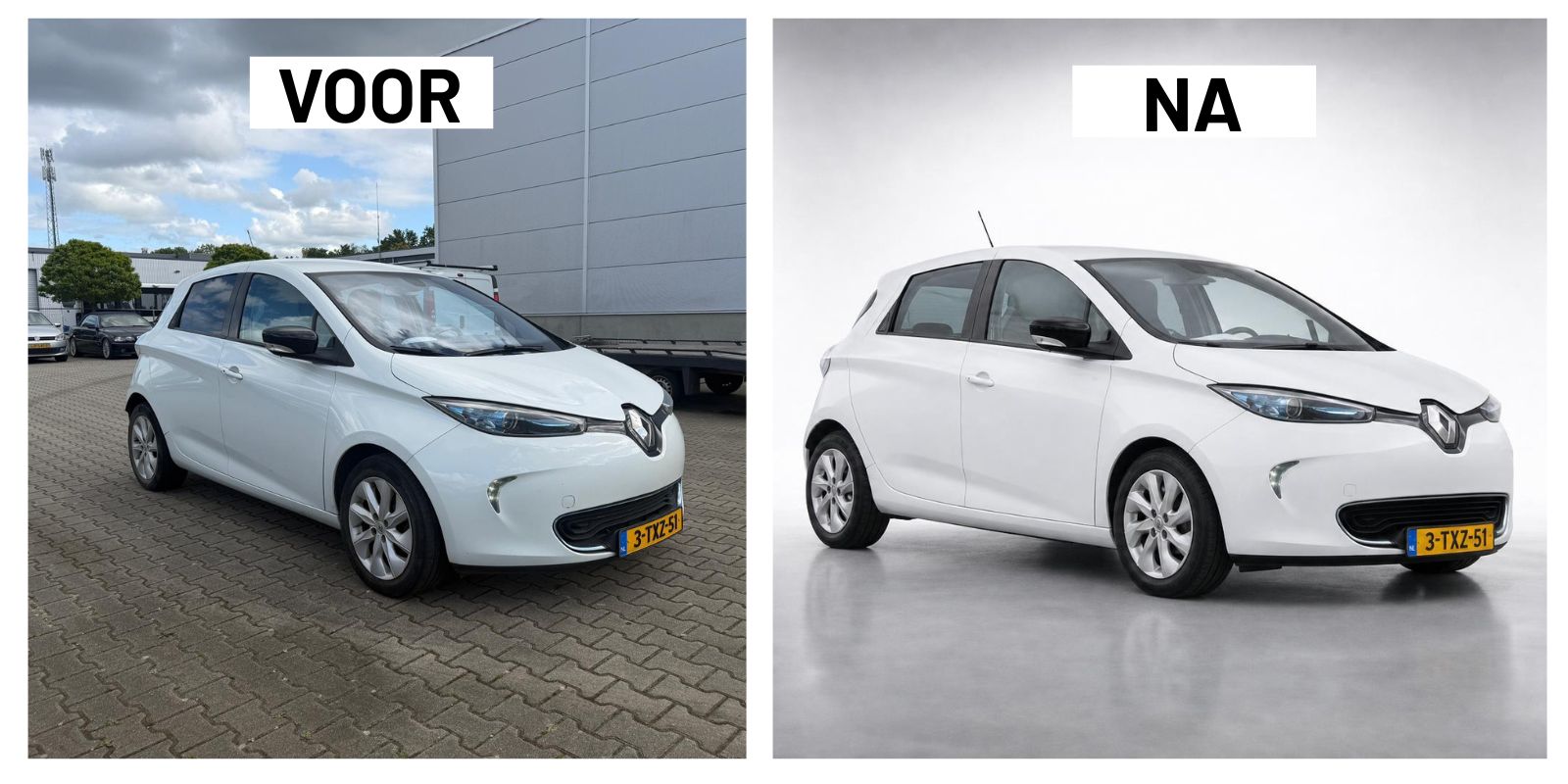 Voor en na: witte Renault Zoe elektrische hatchback, links op dealer-terrein voor een loods met bewolkte lucht, rechts op lichtgrijze studio-achtergrond. De volledige carrosserie, koplampen, Renault-logo en kenteken 3-TXZ-51 blijven onveranderd - alleen de achtergrond is door AI vervangen.