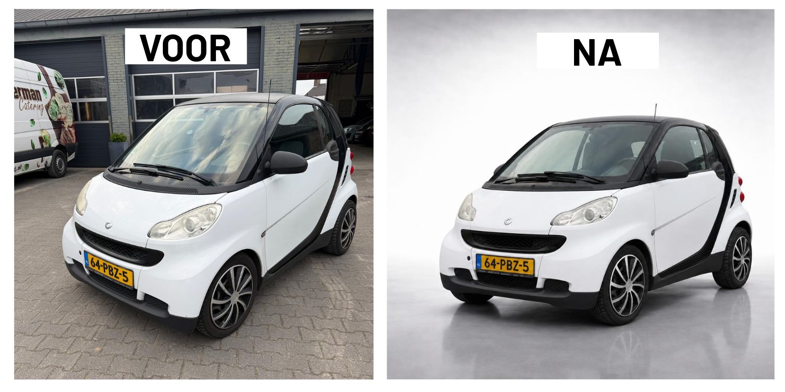 Voor en na: witte Smart ForTwo microcar met zwarte tridion-frame, links op een bestraat terrein voor een bedrijfsloods met catering-bestelwagen, rechts op lichtgrijze studio-achtergrond. De compacte carrosserie, koplampen, velgen en kenteken 64-PBZ-5 zijn onveranderd - AI past zich aan elke carrosserievorm aan zonder de auto zelf te wijzigen.